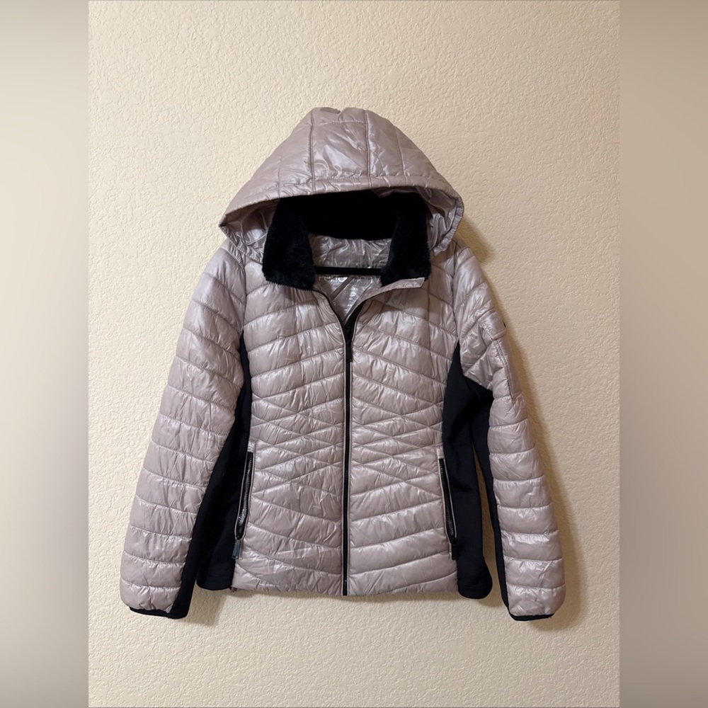 Calvin Klein Womens Hooded Puffer Jacket Side Panels Faux Fur Neck XL Black Pink
